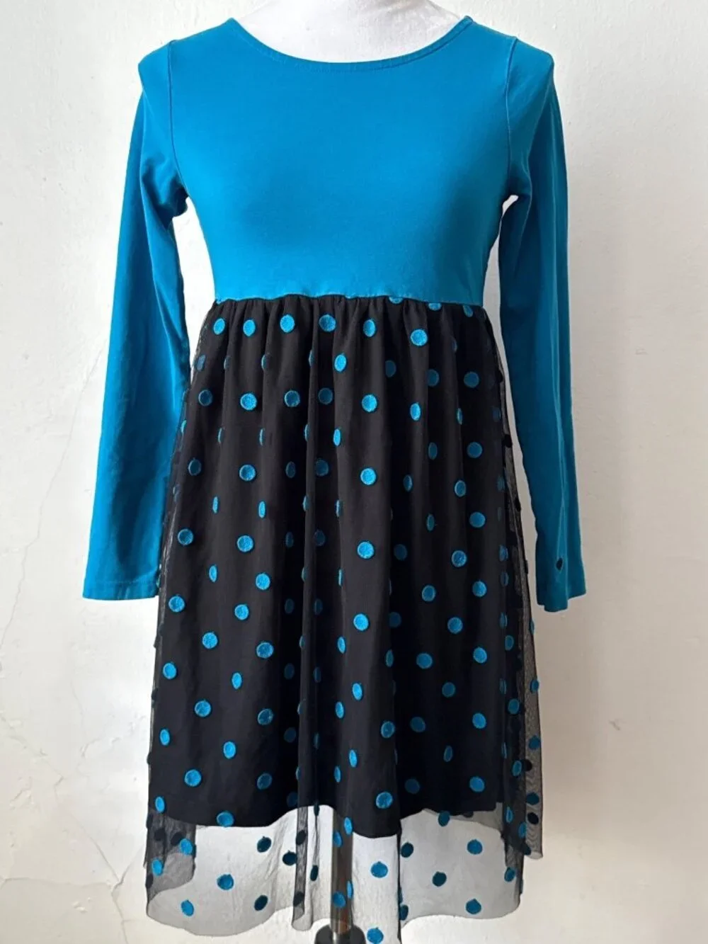 Hanna Andersson blue and black polka-dotted long-sleeve tutu dress Sz 150 Sz 12